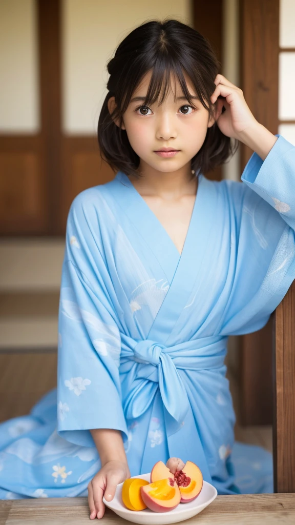 11 year old girl　Japanese　Light blue yukata　Realistic Skin　Eat peach