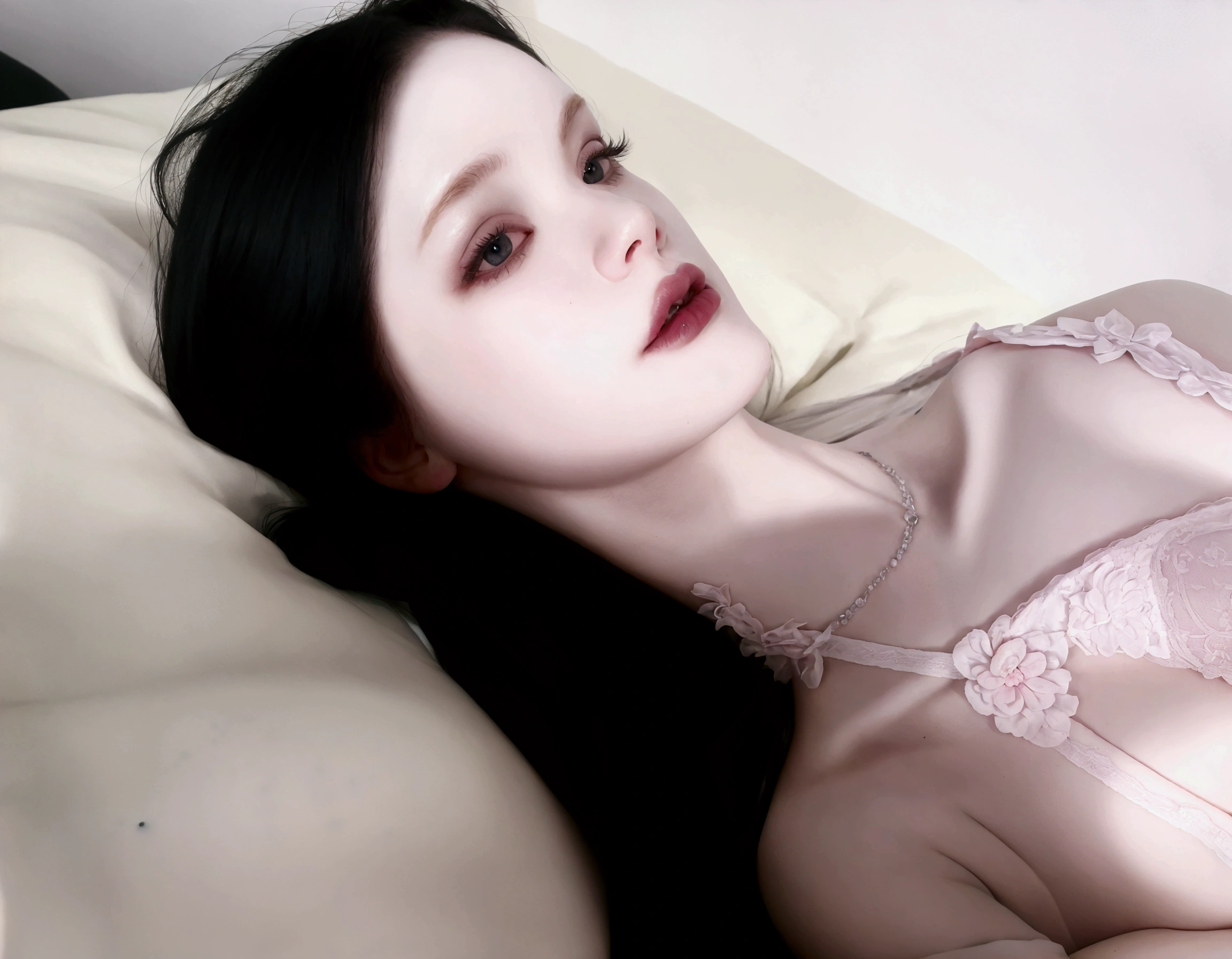 there is a woman laying on a bed with a pink bra, pale goth beauty, 1 8 yo, pale porcelain white skin, pale fair skin!!, (12x) extremely pale white skin, belle delphine, she is laying on her back, ultrarealistic sweet bunny girl, very pale white skin, 1 7 - year - old goth girl