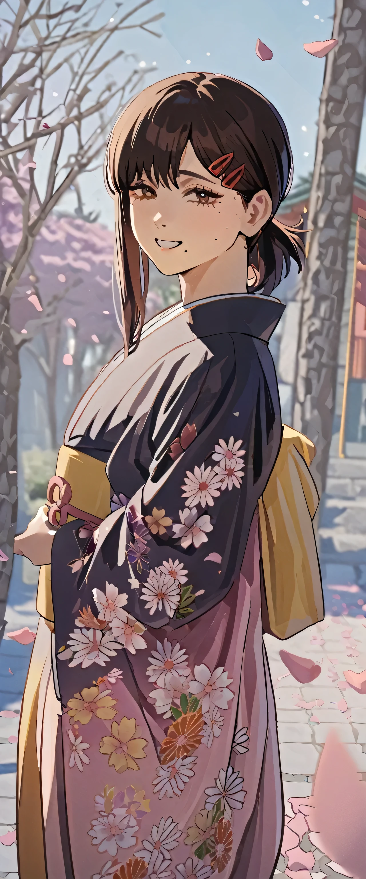 1girl, higashiyama kobeni, wearing kimono, in a cheery blossom park, cherry blossom petals falling in the background, (masterpiece), cinematic, beautiful light, best quality, newest,safe, absurdres, smiling , close eyes, look at camera, tilt head, turn head back