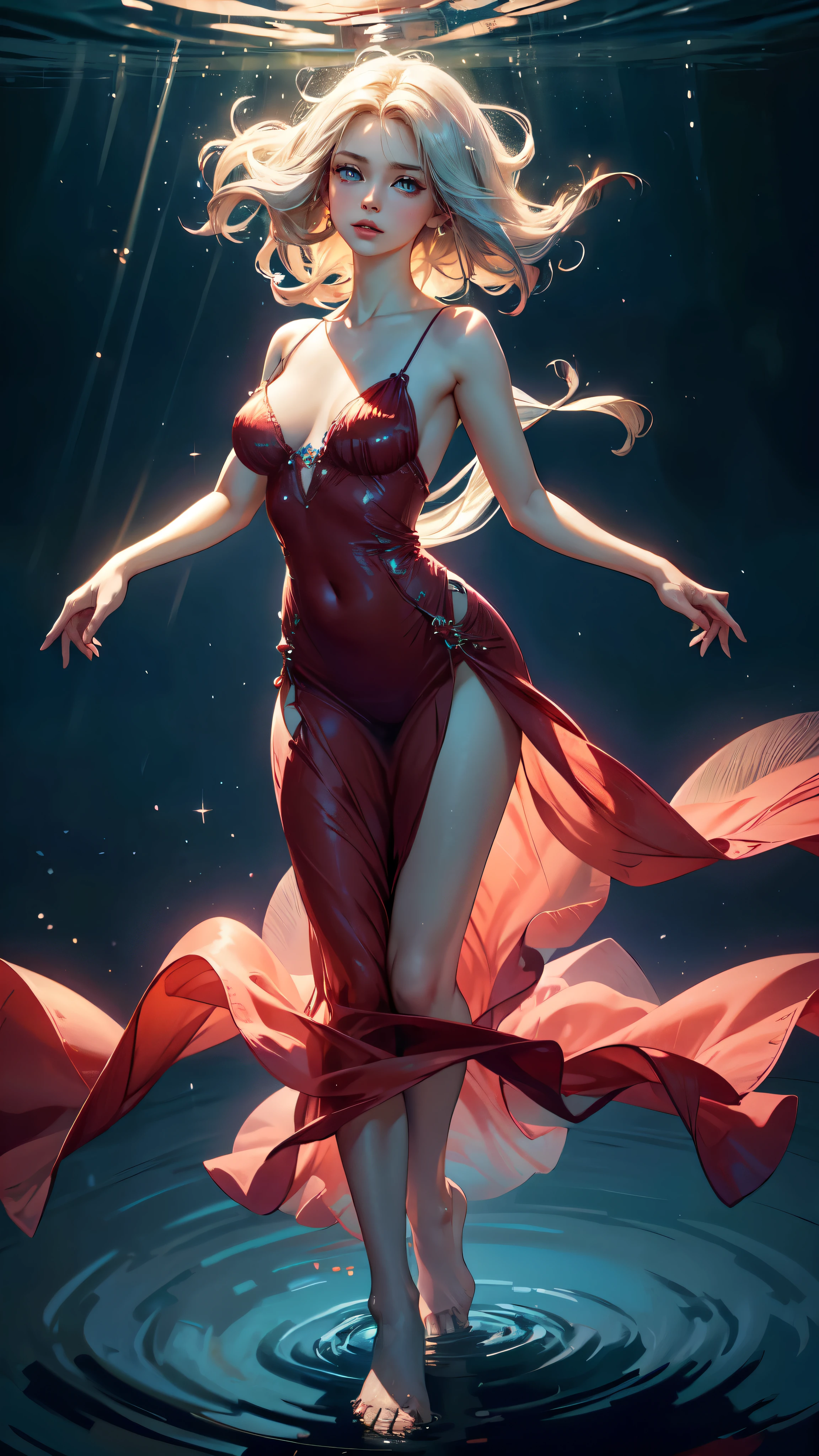 (fullbody shot:1.2), (a girl wearing) a transparent wine red dress resembling a jellyfish,(best quality,4k,8k,highres,masterpiece:1.2),ultra-detailed,ethereal lighting,flowing fabric effect,vivid colors,glowing jellyfish-like patterns,underwater scenery,cerulean blue tones,delicate ripples and movements,hauntingly beautiful,(realistic,photorealistic,photo-realistic:1.37),dreamlike atmosphere,sparkling rays of sunlight,subtle reflections,soft focus,sublime elegance,graceful poses.full body,detailed eyes, detailed hands, detailed eyes, elf woman