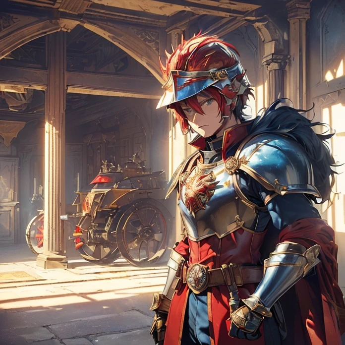 High Resolution, Masterpiece, HD, High Quality, Backlighting, Overexposure, Optical Illusion, Silhouette,
Anime Style, Digital Art, Multiple Views,
{{((1soldier: Lannister soldier: (red knight helmet, gold helmet visor, red neck armor, red crest over helmet), (gold lion head on uper cuirass, red cuirass, blue knight shoulder plates, blue gauntlets, blue belt, blue hip armor, red knee plates, red long knight boots, blue lion shield, silver broadsword) (modern british red castle, morning day, military trucks, military buggies, swords and other weapons guarded around), (marching around the castle outskirts, militar trucks stationed, morning day))}}