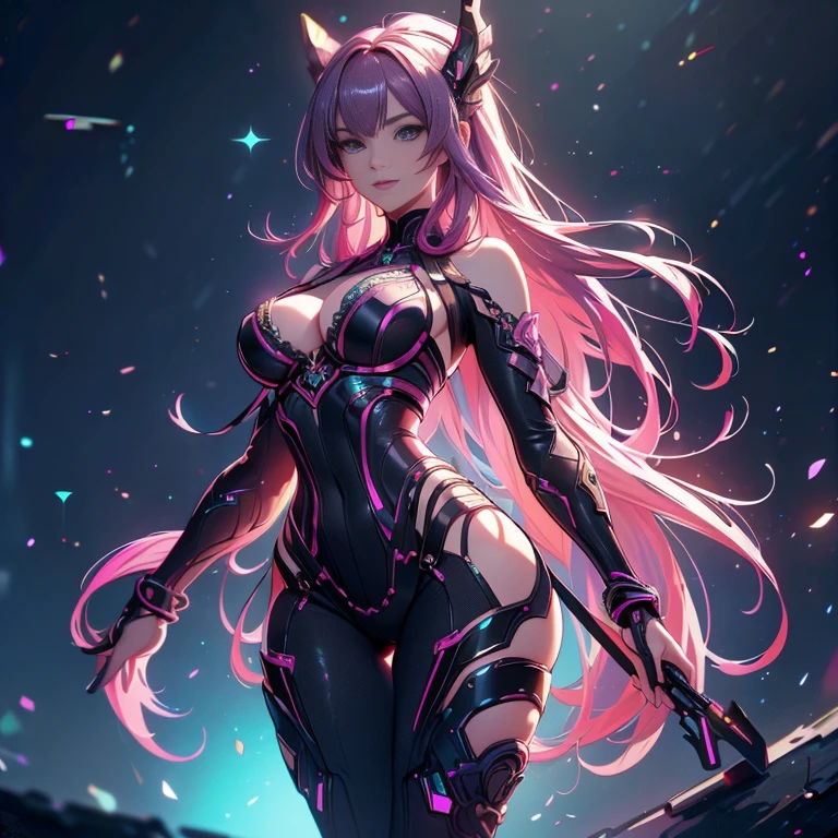 highest resolution, distinct_image, detailed details): (8K, 4K, best quality, High resolution: 1.2), artwork, Ultra-detailed, hyper details, cinematic Light, Alone, woman, purple hair with pink highlight, pink panties and bra, clothes with futuristic details, highlighting the breasts, perfect body, thin waist, from the back, showing the ass, smile, perfect face, full body, looking at the viewer, detailed_background, full_body