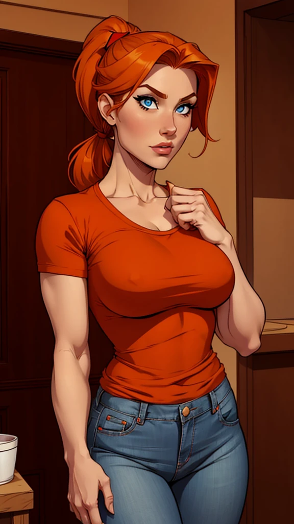 Kizi, Caucasian skin, medium-short height, medium orange hair, ponytail hair. blue colored eyes. She was wearing jeans, red shirt, beige cap. She had a bow. don. busty. comic style.