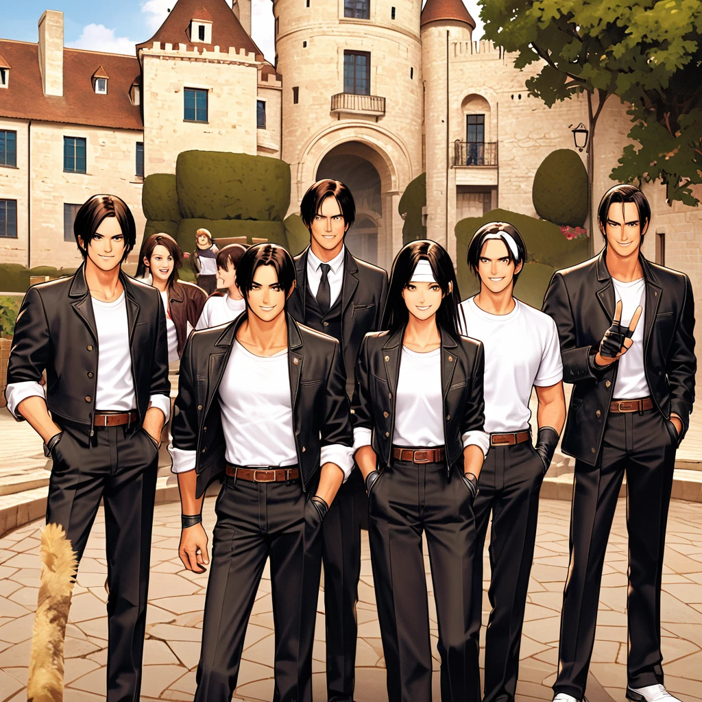 Orochikyo、Men have dark skin、Red eyes、Just the two of them、((White headband))ツーshot、Black jacket、Fingerless gloves、Black Hair、White T-shirt、Black trousers、White shoes、Brown belt、Viewer、Handsome、shot、Charming、masterpiece、High resolution、Detailed face、Fine grain、noon、A confident smile、Chateau(wineries)Men and women laughing with the tour in the background、Men and women have the same hairstyle and clothing、peace sign。