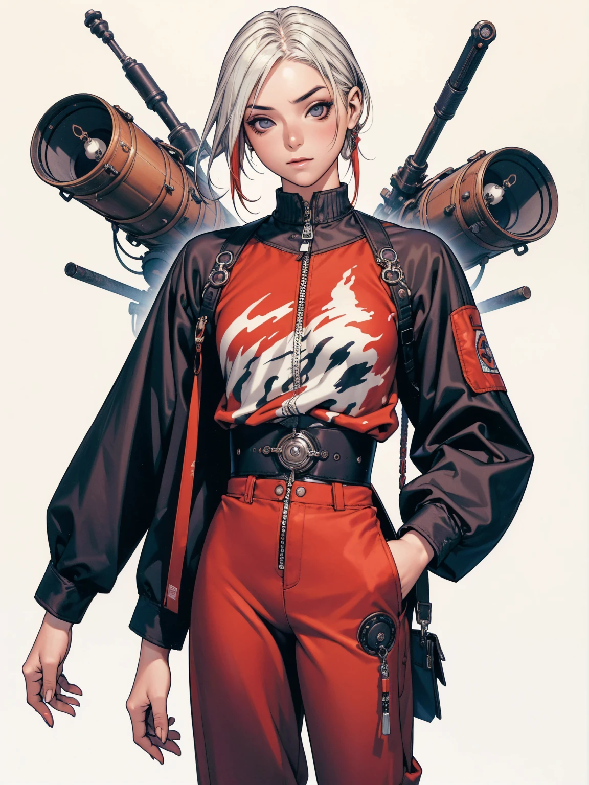 (best qualityer))), (((Blue))), (((manga strokes))), (((white hair with red highlights))), (((baggy pants with bone print))), uma Kizi jovem muito bem vestida com roupas modernas de inverno, pants with military camouflage pattern, top gift vertical stripes, short jacket with dark fur collar, beautiful and expressive face, slightly-smile, big eyes with long black eyelashes, heavy make-up, chains and zippers spread across clothes, contrasting colours, pose de atitude, hair with a modern and futuristic cut, urban game poster art, dramatic camera angles, graffiti art elements in the background, design mixing contemporary and retro by Shepard Fairey, (((cowboy shot))), (((best qualityer: 1.4))), (Unbeatable masterpiece), (hiper HD),(CG 8k hyper-realistic), Kizi, (((standing alone))), pirralha violent, (((14歳))), sexly, pose de atitude, work of art, post-apocalypse, (((manga style))), bounty hunter, violent, Manic, the way you want, slenderbody, thin but strong, perfectbody, roupa moderna, advanced technology, neon, sleeves with vertical striped pattern, neutral background, (( cowboy shot )). intricate visual