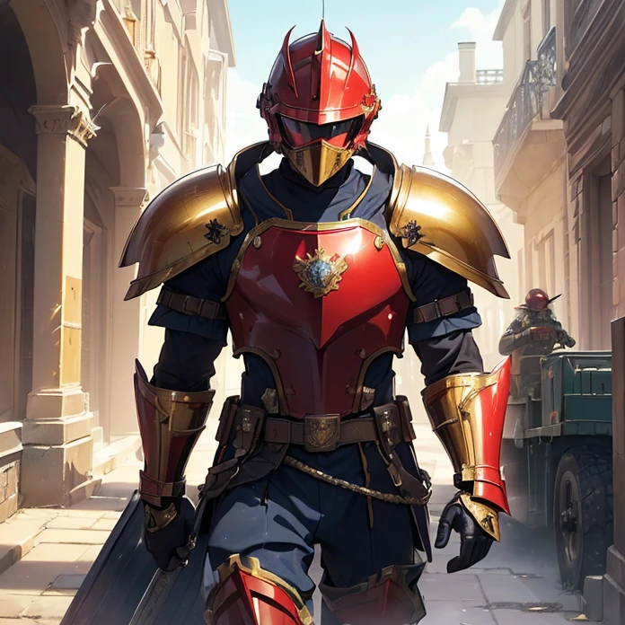 High Resolution, Masterpiece, HD, High Quality, Backlighting, Overexposure, Optical Illusion, Silhouette,
Anime Style, Digital Art, Multiple Views,
{{((1soldier: Lannister soldier: (red knight helmet, gold helmet visor, red neck armor, red crest over helmet, red facemask, red knight mask, head and face covered), (gold lion head on uper cuirass, red cuirass, blue knight shoulder plates, blue gauntlets, blue belt, blue hip armor, red knee plates, red long knight boots, blue lion shield, silver broadsword) (modern british red castle, morning day, military trucks, military buggies, swords and other weapons guarded around), (marching around the castle outskirts, militar trucks stationed, morning day))}}