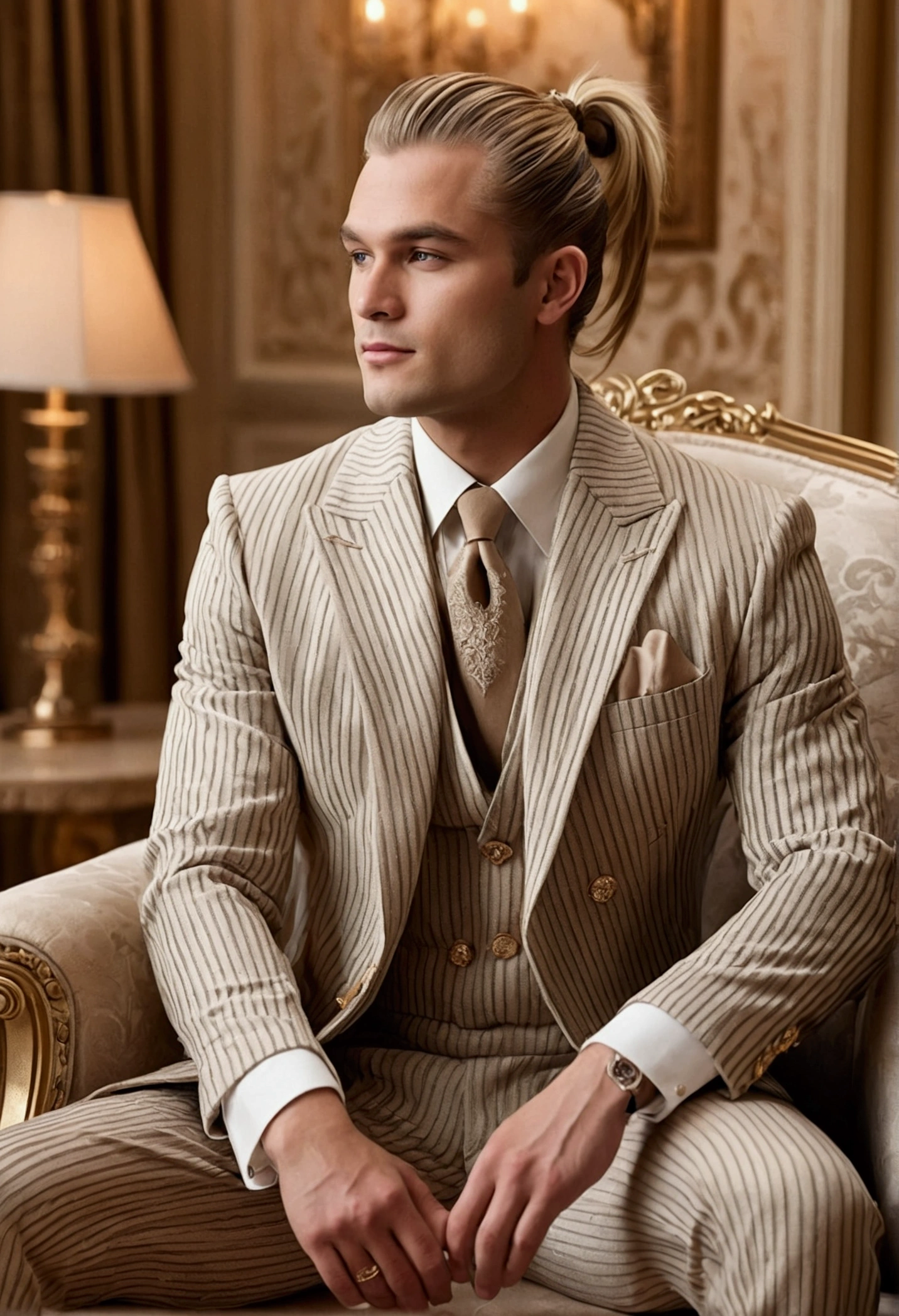 Character sitting in a chair with his arm raised, hair blonde(neck-length hair tied in a ponytail), boa pose, handsome man, Face pretty, royal elegant pose, business man, (in a striped blazer), (The surrounding environment is a luxurious and classic living room) (sand tone image)