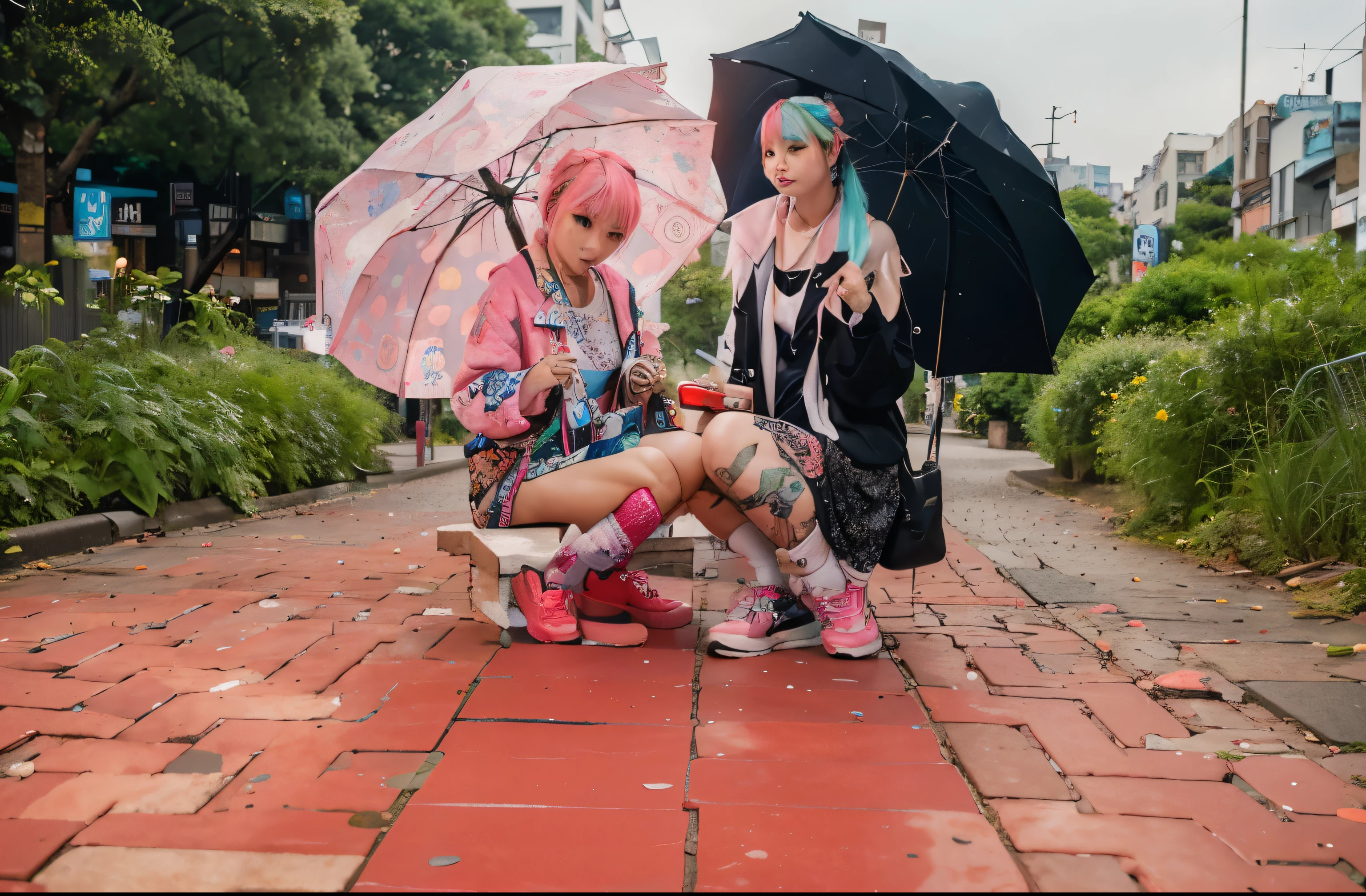 (Best quality, 8k, 32k, Masterpiece, UHD:1.2), "Transform the scene into the urban and vibrant streets of Harajuku, Japan, but with an eerie emptiness. The setting is devoid of crowds or people, emphasizing the stillness of the moment. The streets are lined with colorful storefronts and fashion boutiques, showcasing Harajuku's eclectic and trendy style. Neon signs and billboards add splashes of bright colors against the urban backdrop.

The architecture is a mix of modern and quirky, with buildings featuring unique facades, artistic graffiti, and bold patterns. There are no trees or grass, just the concrete jungle of the city, with sidewalks and streets intersecting in a complex, yet orderly fashion.

Street lamps and urban furniture like benches and signposts dot the area, enhancing the feeling of an urban environment. The scene captures the essence of Harajuku's vibrant fashion district, yet with an unusual quietness, allowing the intricate details of the urban landscape to stand out."