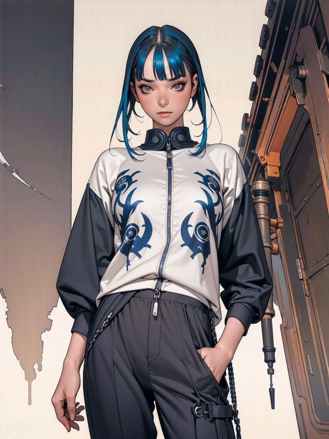 (best qualityer))), (((manga strokes))), (((navy color clothes))), (((black bob hair with straight bangs and blue highlights))), (((baggy pants with bone print))), uma Kizi jovem muito bem vestida com roupas modernas de inverno, pants with camouflage pattern, top gift vertical stripes, short jacket with dark fur collar, beautiful and expressive face, slightly-smile, big eyes with long black eyelashes, heavy make-up, chains and zippers spread across clothes, contrasting colours, pose de atitude, hair with a modern and futuristic cut, urban game poster art, dramatic camera angles, graffiti art elements in the background, design mixing contemporary and retro by Shepard Fairey, (((bird’s eye view))), (((best qualityer: 1.4))), (Unbeatable masterpiece), (hiper HD),(CG 8k hyper-realistic), Kizi, (((standing alone))), pirralha violent, ((())), sexly, pose de atitude, work of art, post-apocalypse, (((manga style))), bounty hunter, violent, Manic, the way you want, slenderbody, thin but strong, perfectbody, roupa moderna, advanced technology, neon, sleeves with vertical striped pattern, neutral background, (( cowboy shot )). intricate visual
