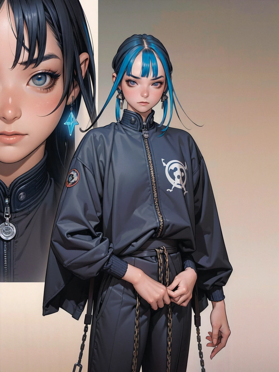 (best qualityer))), (((manga strokes))), (((navy color clothes))),  (((black bob hair with straight bangs and blue highlights))), (((baggy pants with bone print))), uma Kizi jovem muito bem vestida com roupas modernas de inverno, pants with camouflage pattern, top gift vertical stripes, short jacket with dark fur collar, beautiful and expressive face, slightly-smile, big eyes with long black eyelashes, heavy make-up, chains and zippers spread across clothes, contrasting colours, pose de atitude, hair with a modern and futuristic cut, urban game poster art, dramatic camera angles, graffiti art elements in the background, design mixing contemporary and retro by Shepard Fairey, (((bird’s eye view))), (((best qualityer: 1.4))), (Unbeatable masterpiece), (hiper HD),(CG 8k hyper-realistic), Kizi, (((standing alone))), pirralha violent, (((14歳))), sexly, pose de atitude, work of art, post-apocalypse, (((manga style))), bounty hunter, violent, Manic, the way you want, slenderbody, thin but strong, perfectbody, roupa moderna, advanced technology, neon, sleeves with vertical striped pattern, neutral background, (( cowboy shot )). intricate visual
