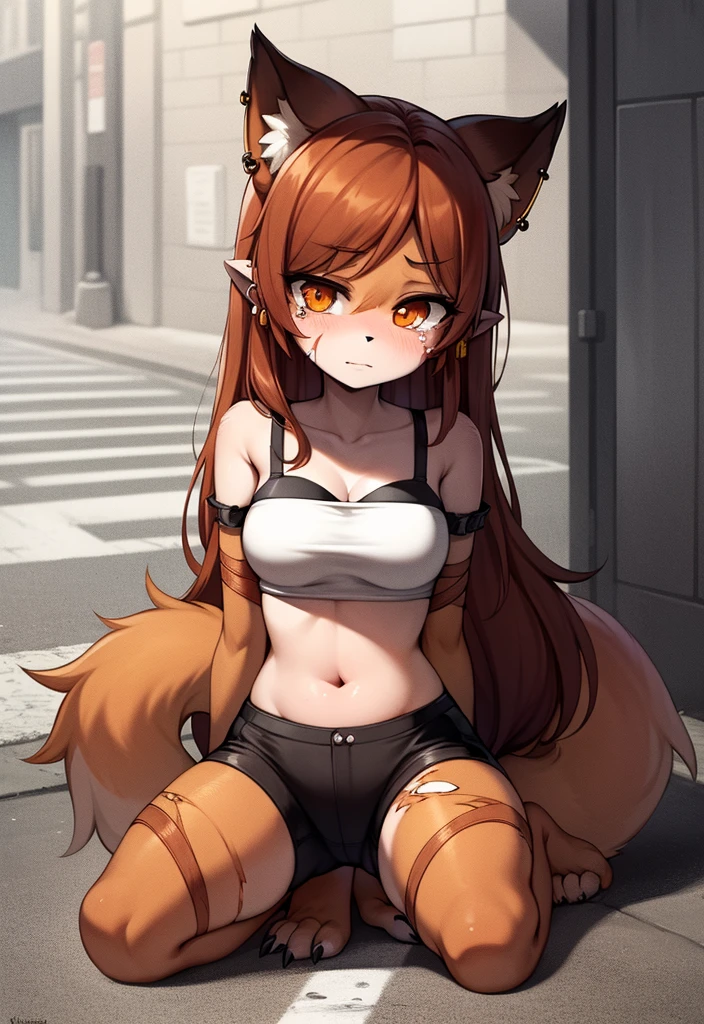 Sad alone poor milf abandoned on the street alone sad lying on the ground, langerie ,bra , pantyrose,kneeling ,patas（velues的）, （brown fur），Long Earings，brown ears, orange eyes, medium hair, medium breasts, dark brown elements on leather, bright t-shirt, super fine hair, Fluffy tail，black andwhite，scared，desperate，covered in scars，Injured，dark environment，dark environment no chão，under，tears，tying，bleeding，velues，ask for help,