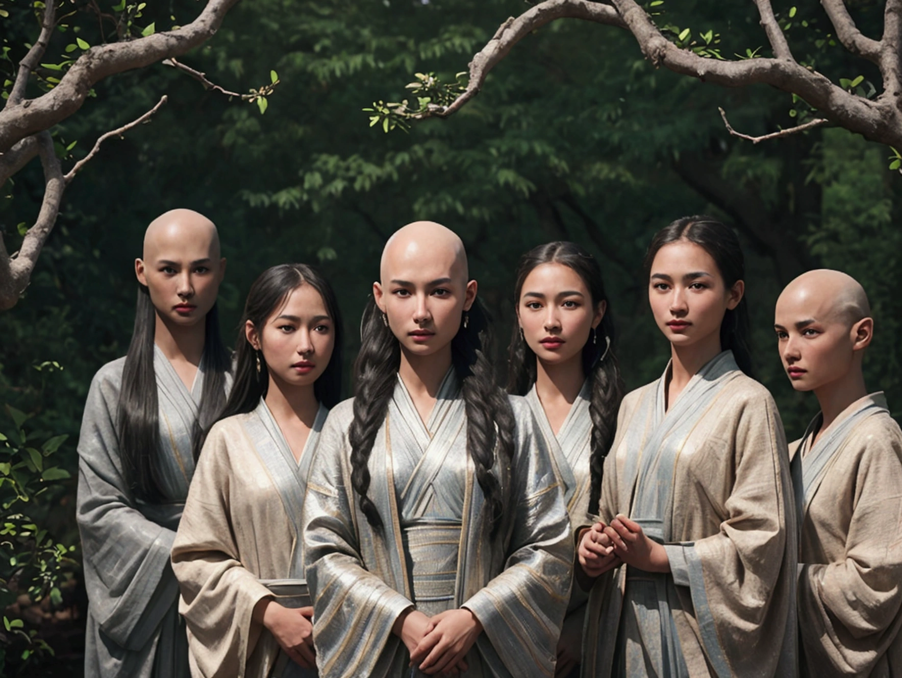Create a hyper-realistic image of aliens with smooth, metallic skin, WITHOUT IMPERFECTIONS. The beings have bald heads and their bodies are covered with branches and roots that simulate hair., wide and intricate, similar to threads. The aliens look forward with a kind expression and a deep look.. In the image, There are between 5 and 7 individuals arranged in two rows: the front row is very focused, while the back row appears out of focus. The lighting is specular, coming from above, highlighting the details of its skin and the textures of the branches. The image must be in very high resolution, 4k, with an exceptional level of detail