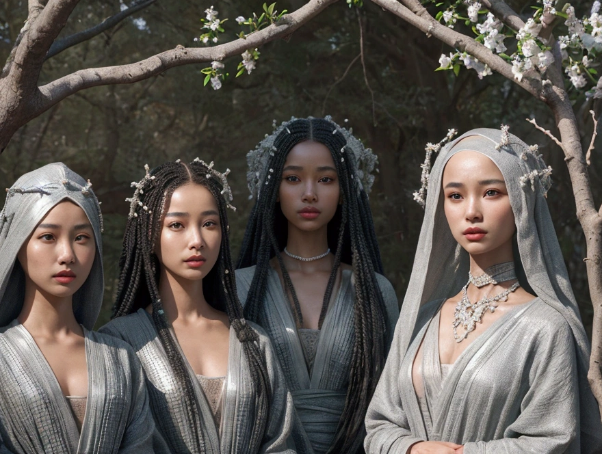 Create a hyper-realistic image of aliens with smooth, metallic skin, WITHOUT IMPERFECTIONS. The beings have bald heads and their bodies are covered with branches and roots that simulate hair., wide and intricate, similar to threads. The aliens look forward with a kind expression and a deep look.. In the image, There are between 5 and 7 individuals arranged in two rows: the front row is very focused, while the back row appears out of focus. The lighting is specular, coming from above, highlighting the details of its skin and the textures of the branches. The image must be in very high resolution, 4k, with an exceptional level of detail