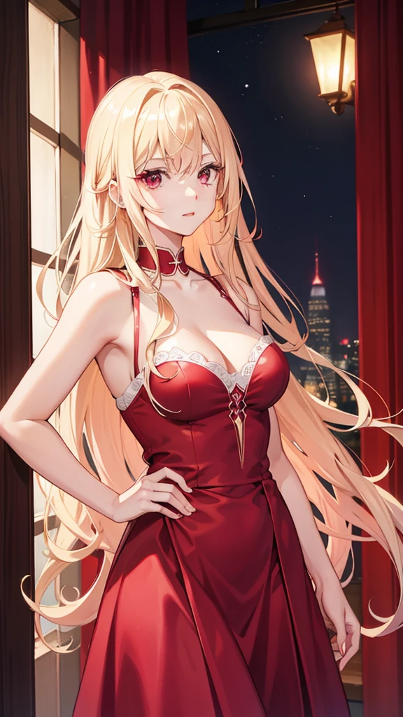 Adult woman, pink eyes, long blonde hair, beautiful red dress, night
