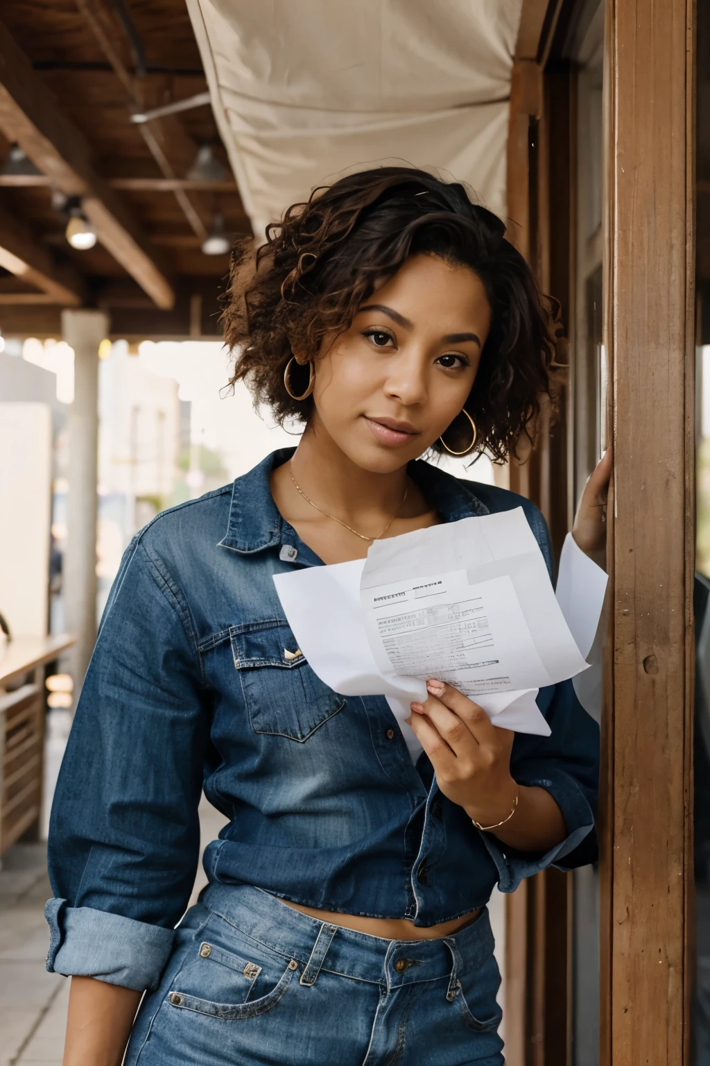 A mulatto lady in her late 30s holding up a paper