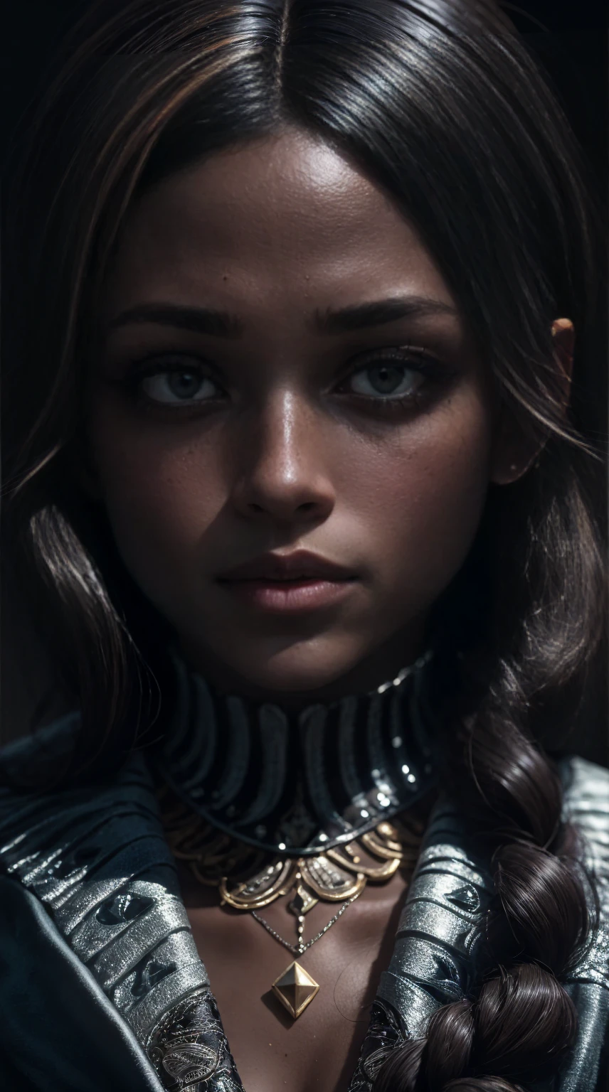 An exquisite portrait of a black African woman with deep ebony skin, Photography captured in stunning 8k resolution and raw format to preserve the highest quality of details. The beauty of women is undeniable, her face commanding the frame in a close-up that reveals the intricate details of her eyes. She wears a dress that complements her radiant skin, and her eyes are portrayed with meticulous attention to detail, showing the captivating depth within. The photograph is taken with a lens that emphasizes the challenge of your gaze, and the backdrop is a dark studio environment that highlights the soft colors of the scene. Lighting and shadows are expertly crafted to highlight the richness of your skin tone and the subtle nuances of your features..... Your red hair, with its distinct tone, adds a touch of warmth and contrast against your ebony skin. The interior environment adds a feeling of intimacy, while the freckles on your skin tell their own story. The overall composition captures its essence with authenticity and grace, creating a portrait that is a celebration of your heritage and beauty. Photography by challenge512, using the best shadow and lighting techniques, to create a mesmerizing portrait that transcends the visual.