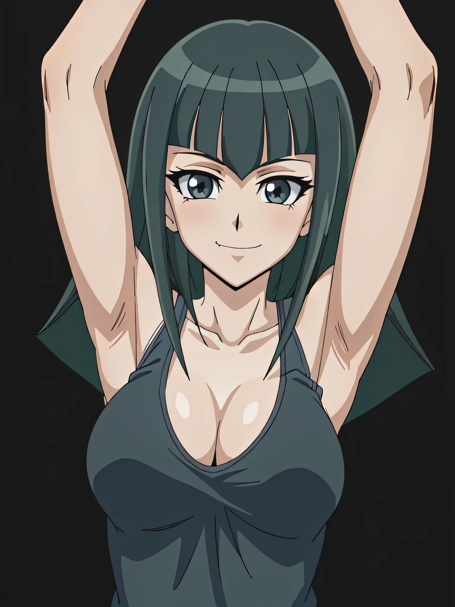 CC, dark grey eyes, cleavage, collarbone, tank top, (black tank top:1.1), sleeveless, bare shoulders, bare arms, 1girl, solo, anime screencap, frontlighting, (simple background, black background, dark background:1.3), masterpiece, absurdres, hdr, soft light, best quality, detailed, highres, shiny skin, shiny hair, (looking at viewer, eye contact with viewer:1.3), smile, smug, (closed mouth:1.2), arms up, raised arms, armpits, in the center, symmetrical, upright,