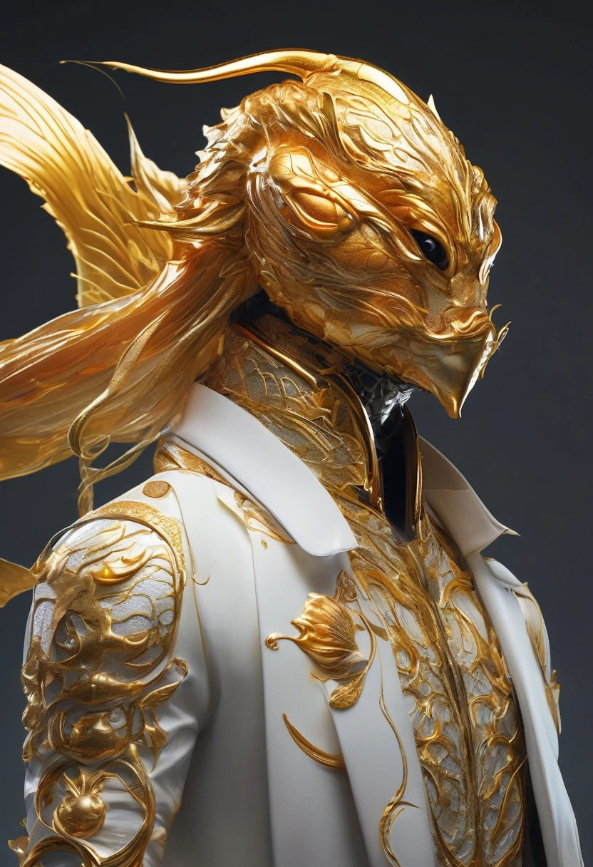 high quality、Reality、Full body image、A golden humanoid monster、The head is shaped like a goldfish.、From the neck down, the figure is human.、A smart, masculine figure、Covered in scales、Upright、Background is white