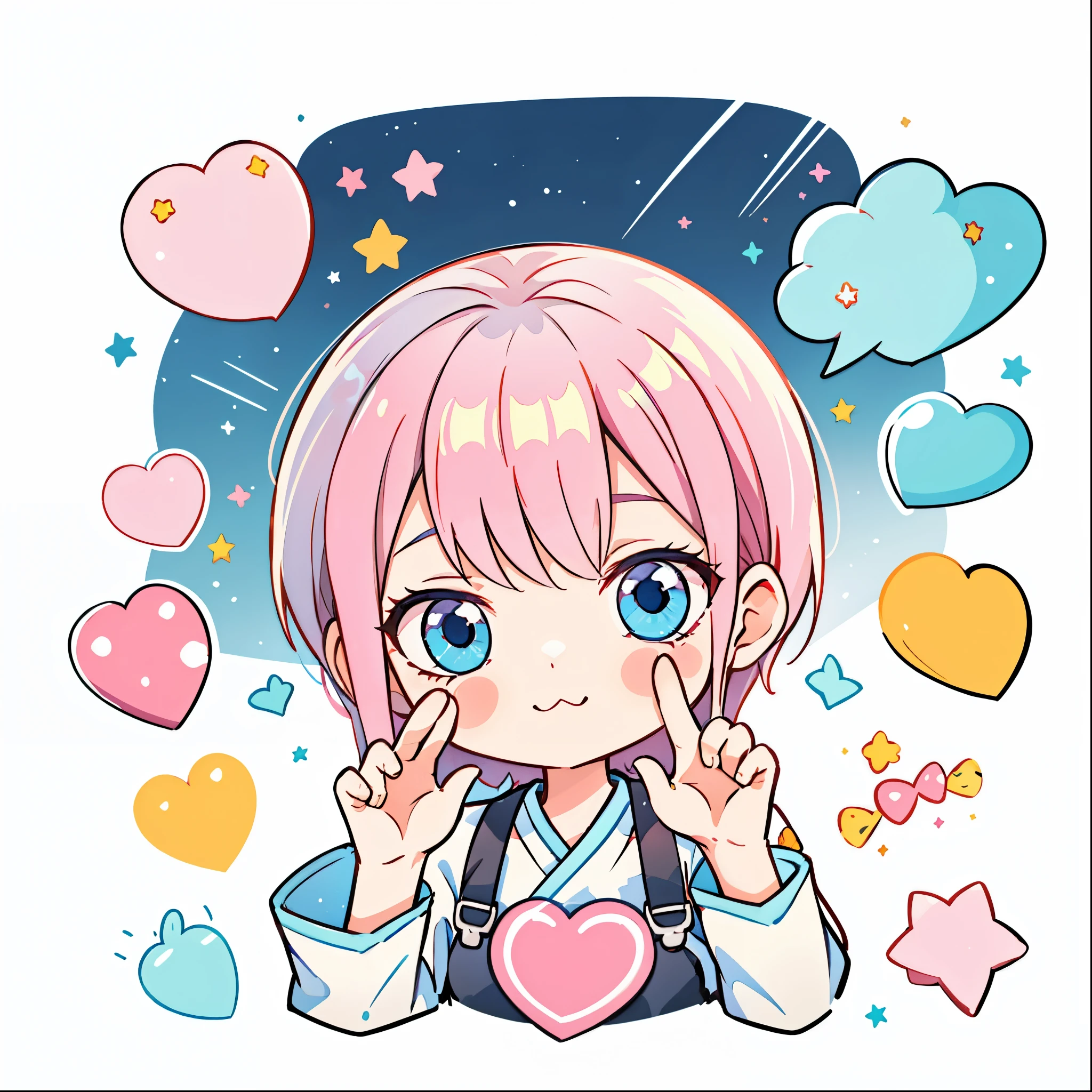 1 sticker, sticker, (cute) , stars, white background, no background, background, minimal, cute, tiny, pastel color, vector style, no gradient, simple stickers, ichika nakano head, ichika hand heart pose, short pink hair, blue eyes, front, , sweet and cute