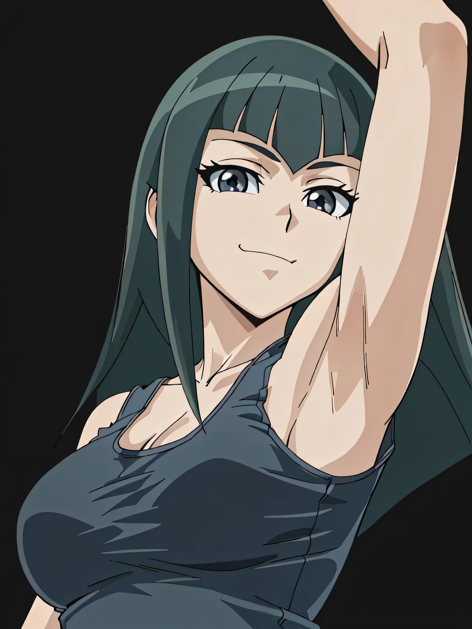 CC, dark grey eyes, (cleavage:1.2), collarbone, tank top, (black tank top:1.1), sleeveless, bare shoulders, bare arms, 1girl, solo, anime screencap, frontlighting, (simple background, black background, dark background:1.3), masterpiece, absurdres, hdr, soft light, best quality, detailed, highres, shiny skin, shiny hair, (looking at viewer, eye contact with viewer:1.3), smile, smug, (closed mouth:1.2), arm up, raised arm, armpit, (from side, from below:1.4)