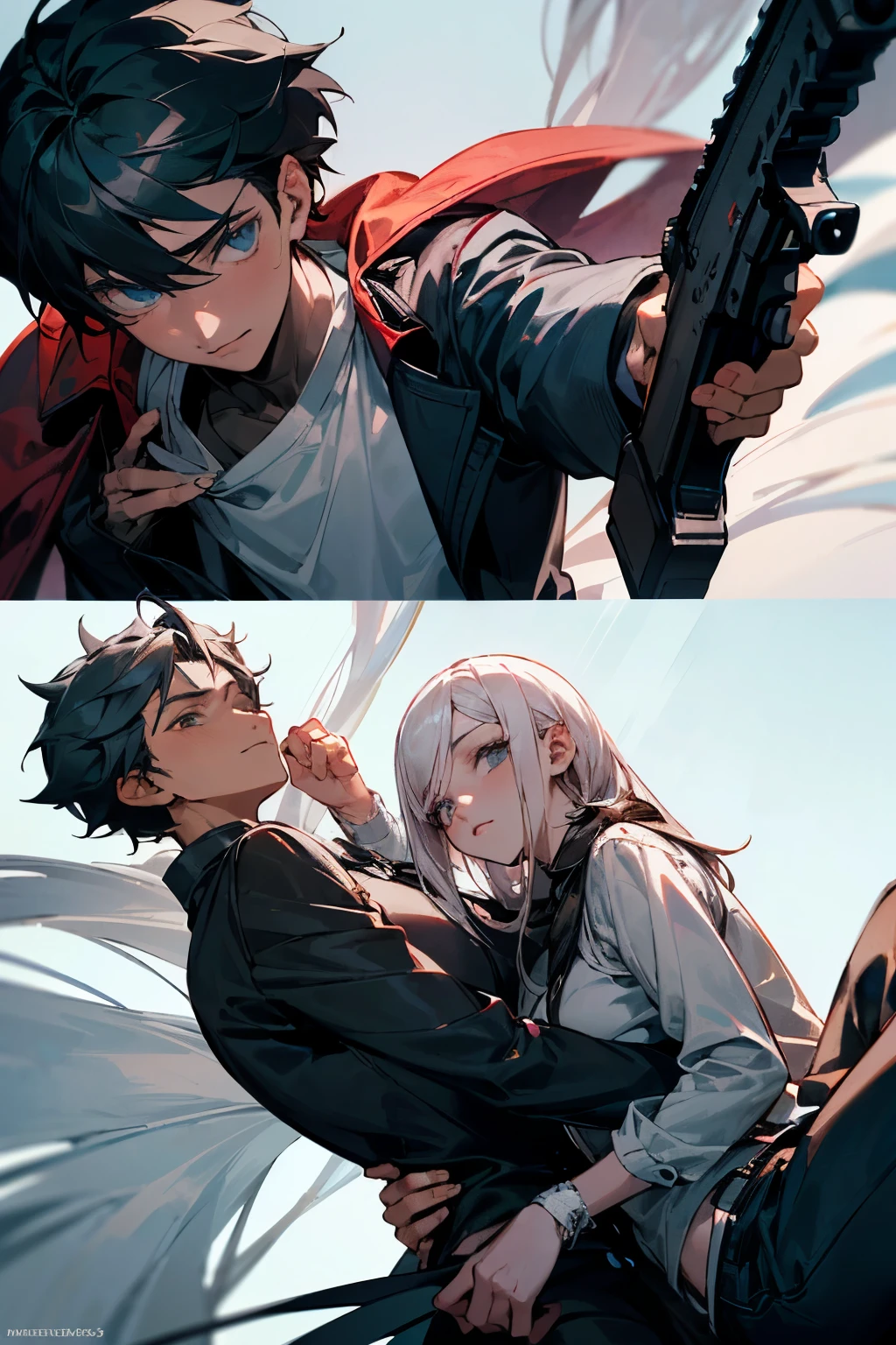 A murderer who falls in love with his victim ( an image where the main character, a 20-year-old young man, In anime style, he is holding a gun behind his enemy, a serial killer who is also more adult, about 40 years old, and a young woman of normal or common beauty on the other side of the boy.)