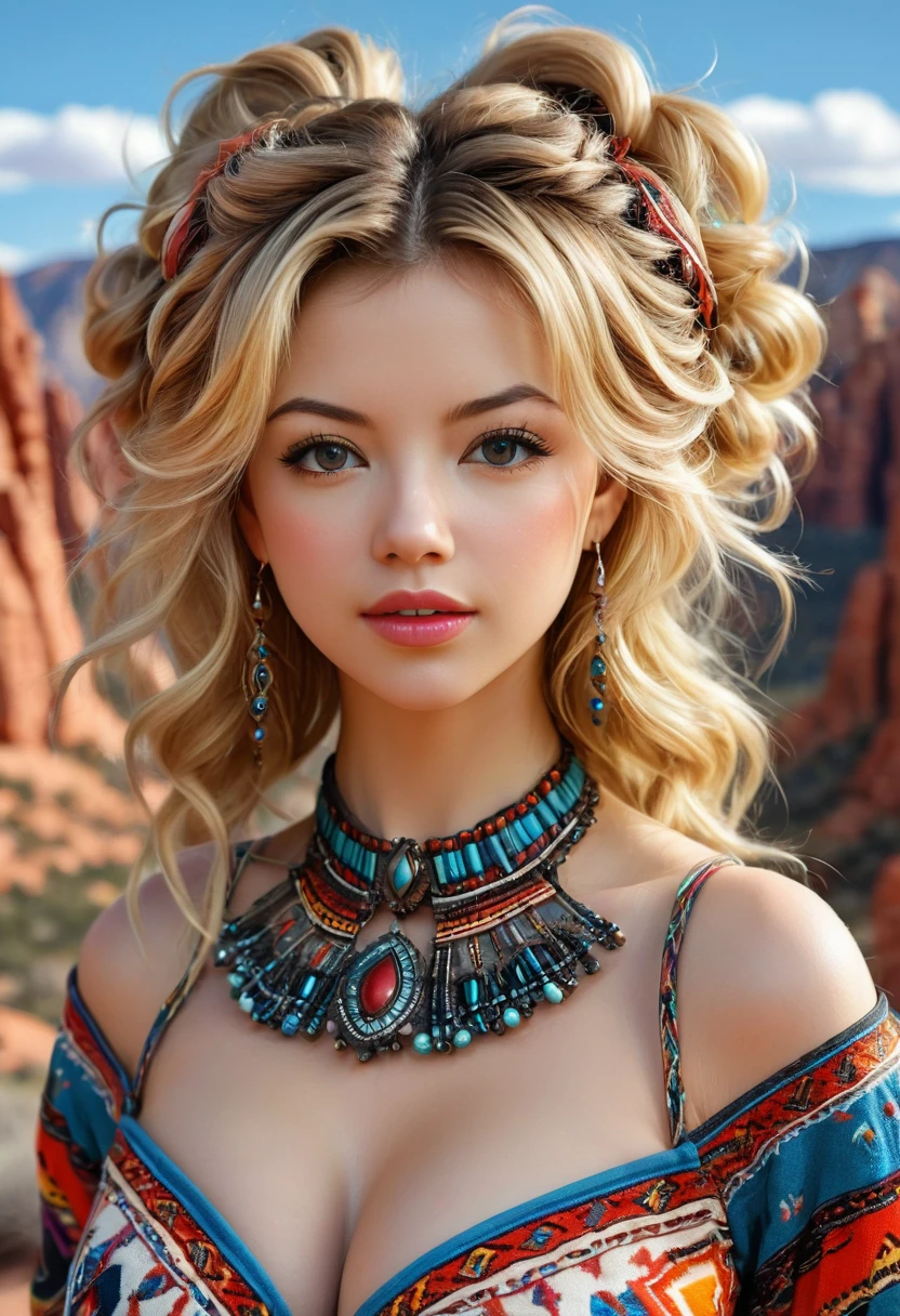 Beautiful boho women stunning merge of Masiela Lusha with colorful southwestern style dress. colorful southwestern earing and. jewelry, blond colored hair that is coarse, wiry, and tightly curled. It often has a rough texture, feels stiff to the touch, and may be prone to frizz and tangling. The curls can be densely packed. The Official Art – An Award-Winning Digital Masterpiece In 4K Ultra HD, Extreme Detail And Intricate Realism. symmetrical face. This Concept Art Brought To Life By The Hands Of Artists Like Wlop & Artgerm In A Stunning 2D Vector Illustration. large, perky, full, vuluptious, symmetrical and spherical breasts. Background is a beautiful panoramic vista of a red rock canyon.