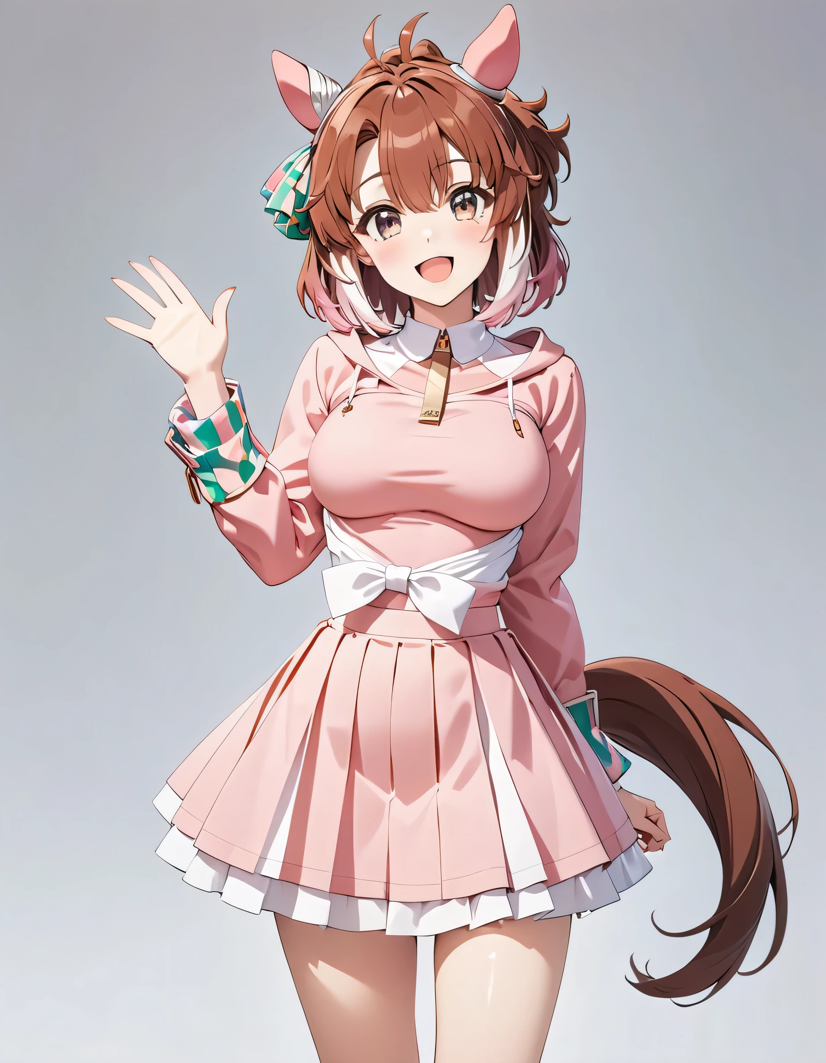 1girl,dantsu_flame\(umamusume\),horse tail,horse ears, pink clothes,mini skirt,standing,full body,looking at viewer,waving,smile,closed eyes,open mouth,,ai-generated,,beautiful eyes,masterpiece,best quality,highres,4k,8k,Sincos,Cute,Anime,Artist,