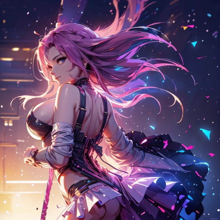 highest resolution, distinct_image, detailed details): (8K, 4K, best quality, High resolution: 1.2), artwork, Ultra-detailed, hyper details, cinematic Light, Alone, woman, purple hair with pink highlight, pink panties and bra, clothes with futuristic details, highlighting the breasts, perfect body, thin waist, from the back, showing the ass, smile, perfect face, full body, looking at the viewer, detailed_background, full_body