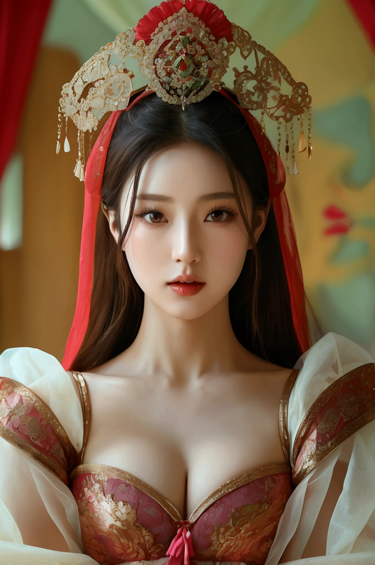 Create an image of a beautiful woman wearing a sexy Korean princess outfit., The see-through fabric is so thin that the wearer's nipples and skin can be seen., She can spread her legs wide to show off her genitals., She has a slim face., sharp eyes, long hair, responsive face, high nose, and thin lips, Her breasts are 32 inches long with pink nipples., Her waist is 24 inches., Her hips are 33 inches., Her skin was bright and white., She has light brown hair., And her figure was slim and slightly muscular..