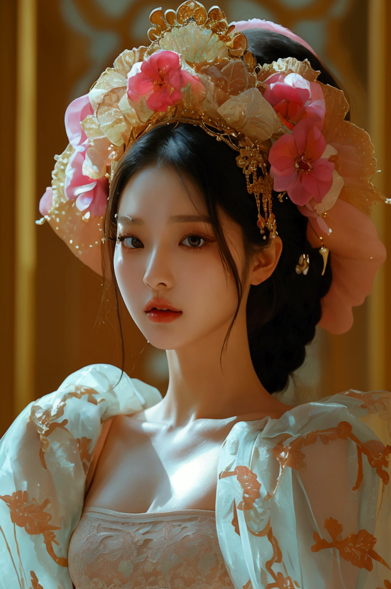 Create an image of a beautiful woman wearing a sexy Korean princess outfit., The see-through fabric is so thin that the wearer's nipples and skin can be seen., She can spread her legs wide to show off her genitals., She has a slim face., sharp eyes, long hair, responsive face, high nose, and thin lips, Her breasts are 32 inches long with pink nipples., Her waist is 24 inches., Her hips are 33 inches., Her skin was bright and white., She has light brown hair., And her figure was slim and slightly muscular..