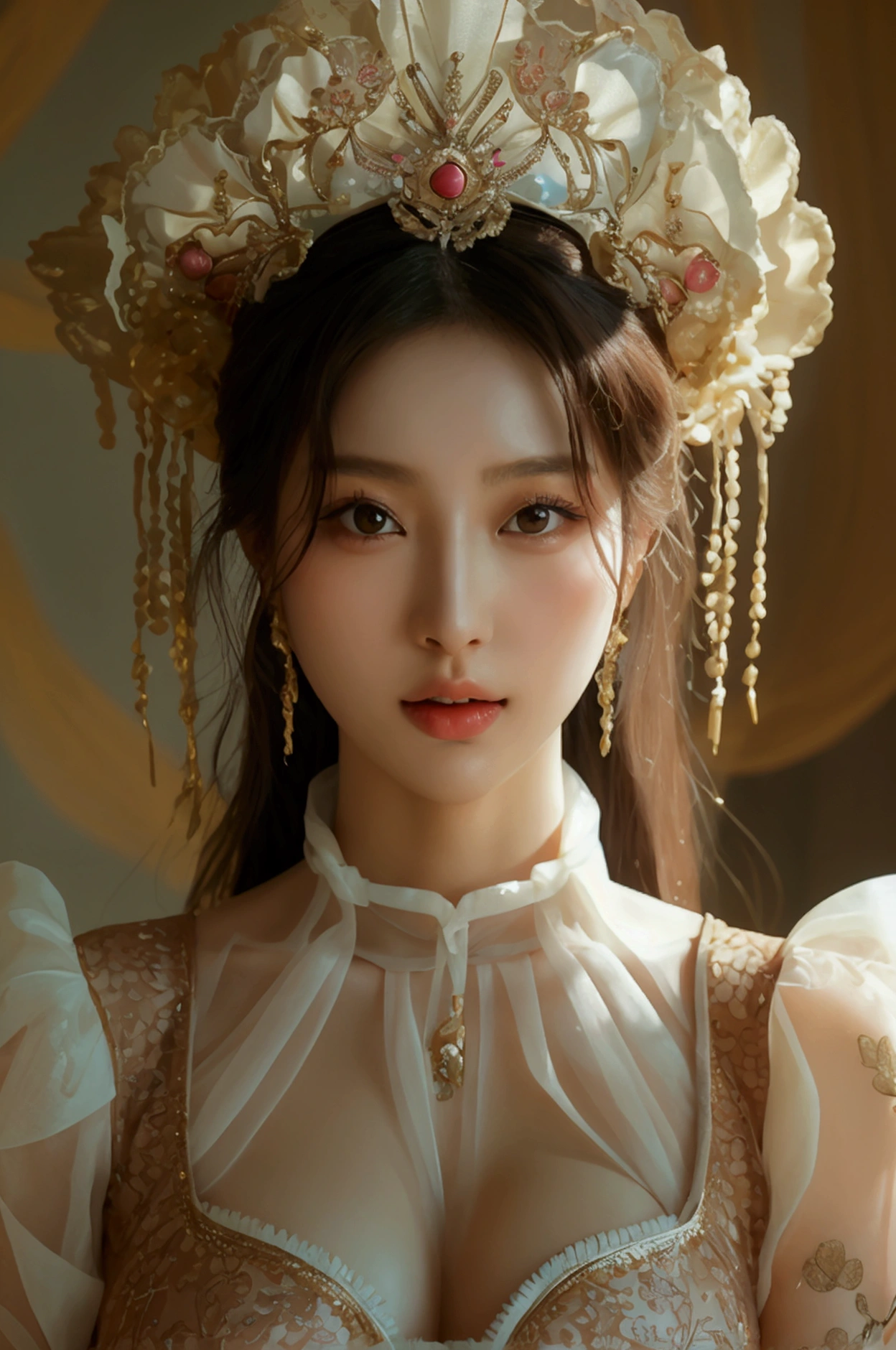 Create an image of a beautiful woman wearing a sexy Korean princess outfit., The see-through fabric is so thin that the wearer's nipples and skin can be seen., She can spread her legs wide to show off her genitals., She has a slim face., sharp eyes, long hair, responsive face, high nose, and thin lips, Her breasts are 32 inches long with pink nipples., Her waist is 24 inches., Her hips are 33 inches., Her skin was bright and white., She has light brown hair., And her figure was slim and slightly muscular..