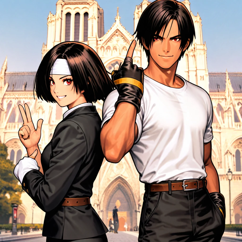 Orochikyo, Dark Skin, Two people, ツーshot, Red eyes, Black jacket(Rolling up his sleeves), Fingerless gloves, Black Hair, White T-shirt, ((White headband)), Black trousers, White shoes, Brown belt, good looking, shot, Charming, masterpiece, High resolution, Detailed face, Fine Grain, morning, A confident smile,Man and woman laughing with Notre Dame Cathedral in the background, Men and women with the same hairstyle and clothes, Making a peace sign。