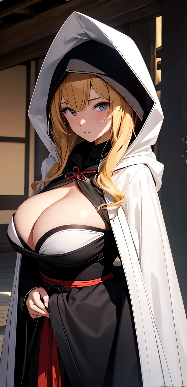 beautiful detailed 25 years old female japanese, wearing Hooded Cloak: A mysterious cloak with a hood, often in dark or rich colors, beautiful face, shiny white skin, blonde hair, slender, ultra large saggy breasts, massive cleavage exposed, cave background