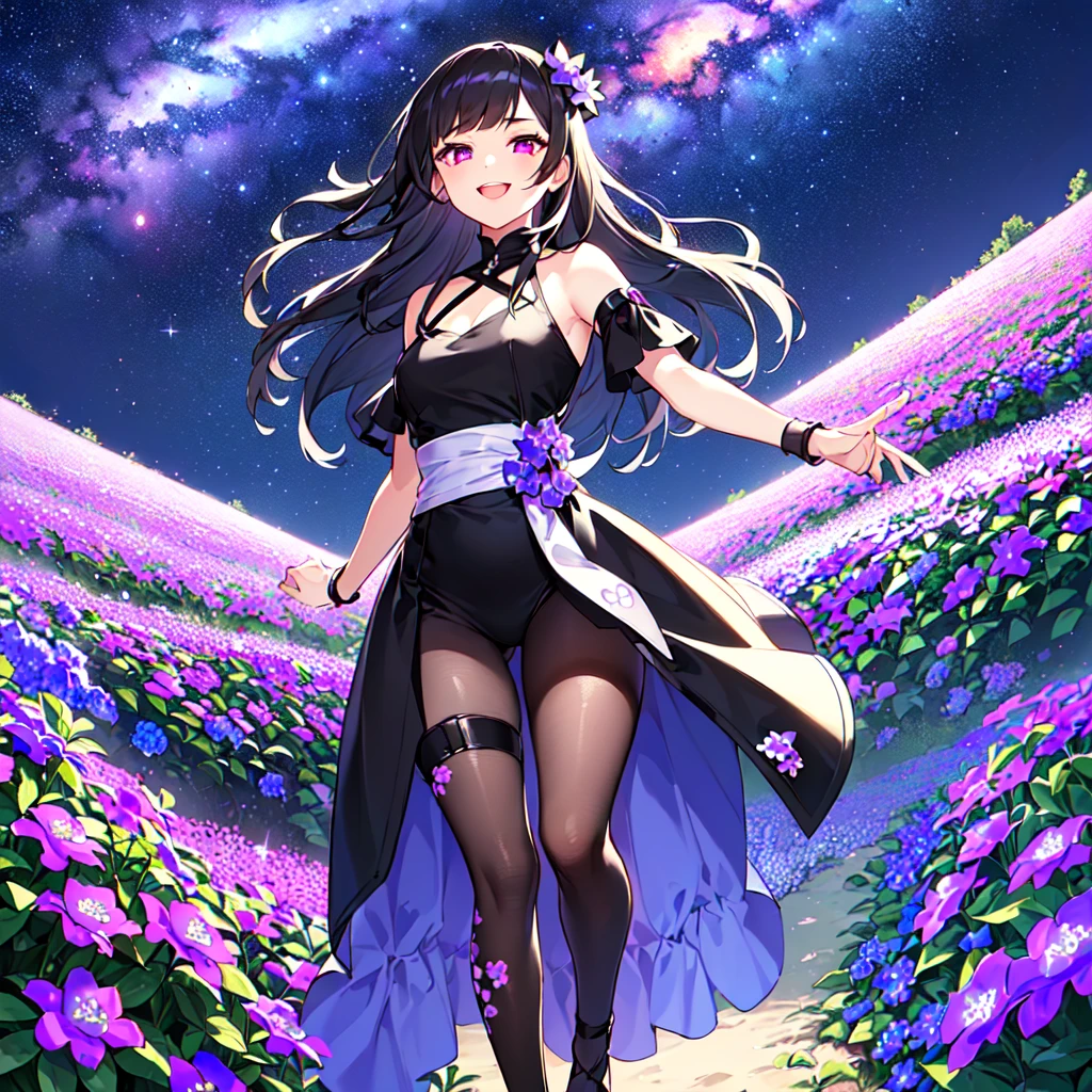 masterpiece, best quality, high quality, extremely detailed, very delicate and beautiful, (1 female 18 years old alone solo:1.5), (long black hair up to waist with two side up:1.5), bangs to eyebrows, eyes (eyes sharp and strong, glossy glossy eyes, eyebrows glossy, (eye color magenta:1.3), 6.5 head height, (pentas flower print fashion:1.3), (smiling), (running:1.3), (dynamic pose), (background pentas flower field:1.3) , (Milky Way Night Sky:1.3)