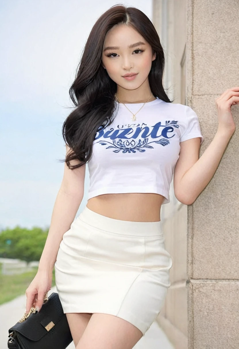 ((high quality:1.2)), (8k), extremely detailed, ((High detail:1.2)), ((best resolution:1.4)), (Elsa Jean), Solo, ((24 years old Korean Ulzzang brunette female:1.45)), ((crop top, pencil micro-skirt)), 