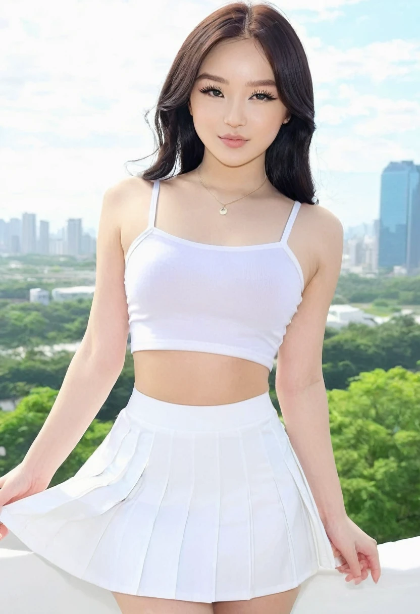 ((high quality:1.2)), (8k), extremely detailed, ((High detail:1.2)), ((best resolution:1.4)), (Elsa Jean), Solo, ((24 years old Korean Ulzzang brunette female:1.45)), ((crop top, pencil micro-skirt)), 