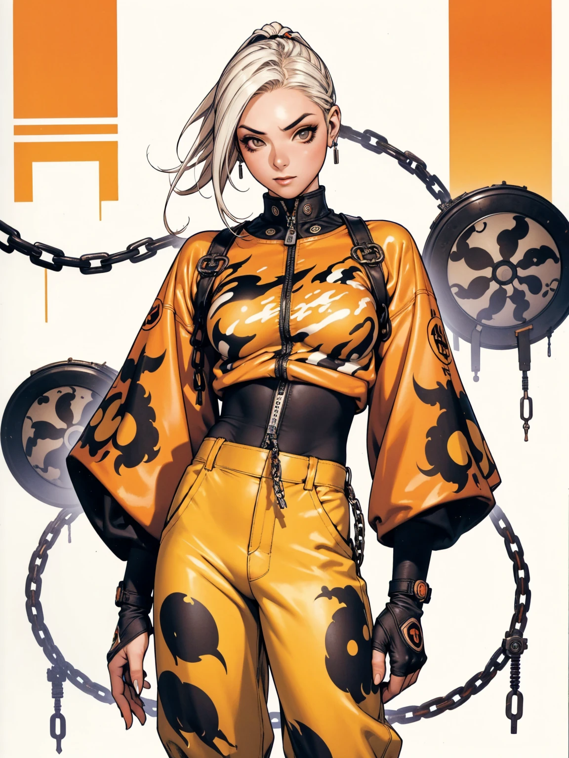 (best qualityer))), (((Yellow and black))), (((manga strokes))), (((white hair with red highlights))), (((baggy pants with bone print))), uma Kizi jovem muito bem vestida com roupas modernas de inverno, pants with military camouflage pattern, top gift vertical stripes, short jacket with dark fur collar, beautiful and expressive face, slightly-smile, big eyes with long black eyelashes, heavy make-up, chains and zippers spread across clothes, contrasting colours, pose de atitude, hair with a modern and futuristic cut, urban game poster art, dramatic camera angles, graffiti art elements in the background, design mixing contemporary and retro by Shepard Fairey, (((cowboy shot))), (((best qualityer: 1.4))), (Unbeatable masterpiece), (hiper HD),(CG 8k hyper-realistic), Kizi, (((standing alone))), pirralha violent, ((())), sexly, pose de atitude, work of art, post-apocalypse, (((manga style))), bounty hunter, violent, Manic, the way you want, slenderbody, thin but strong, perfectbody, roupa moderna, advanced technology, neon, sleeves with vertical striped pattern, neutral background, (( cowboy shot )). intricate visual
