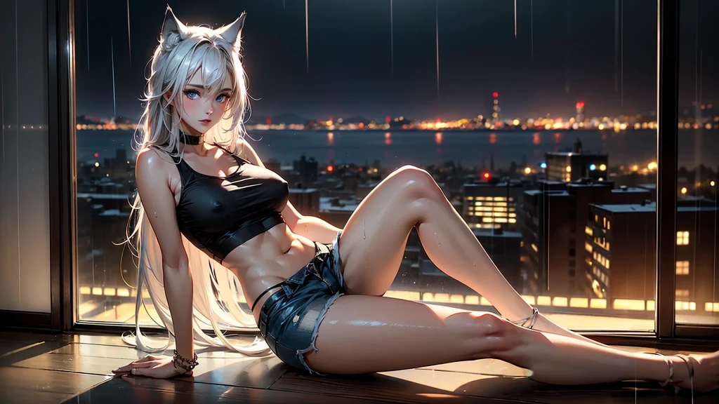 Create a top-quality image of a beautiful 18-year-old wolf girl with long, flowing hair and striking blue eyes. She is wearing a see-through tank top that barely showing her nipples, accentuating her slender, graceful figure. Paired with this, she is dressed in short shorts or sleep shorts that highlight her toned legs. The girl is seated on a balcony, with the backdrop of a modern city skyline illuminated by city lights. Its nighttime, and the rain is gently falling, creating a soft, reflective sheen on the balcony. She poses in a seductive manner, facing the camera with a captivating gaze. Her expression is both alluring and mysterious, drawing the viewer into the scene. The cozy atmosphere is enhanced by the warm glow of nearby city lights contrasting with the cool, rainy night. Intricate details, such as the texture of her hair, the transparency of her crop top, and the reflections in the raindrops, contribute to the high-quality visual artistry of the image. The overall ambiance is cozy and alluring, with a perfect blend of modern urban elements and the enchanting presence of the wolf girl.
