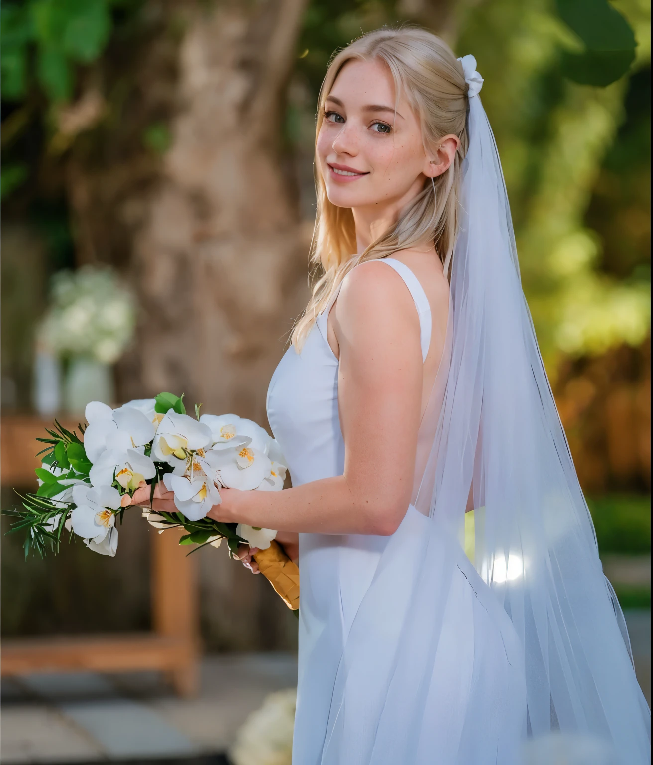 Woman, americana, age 25, pale skin and freckles, gray eyes, delicate nose, soft and delicate lips, far away, cabelo blondie far away e ondulado na altura da cintura, sweet smile, face with delicate feminine facial features, highly rendered
