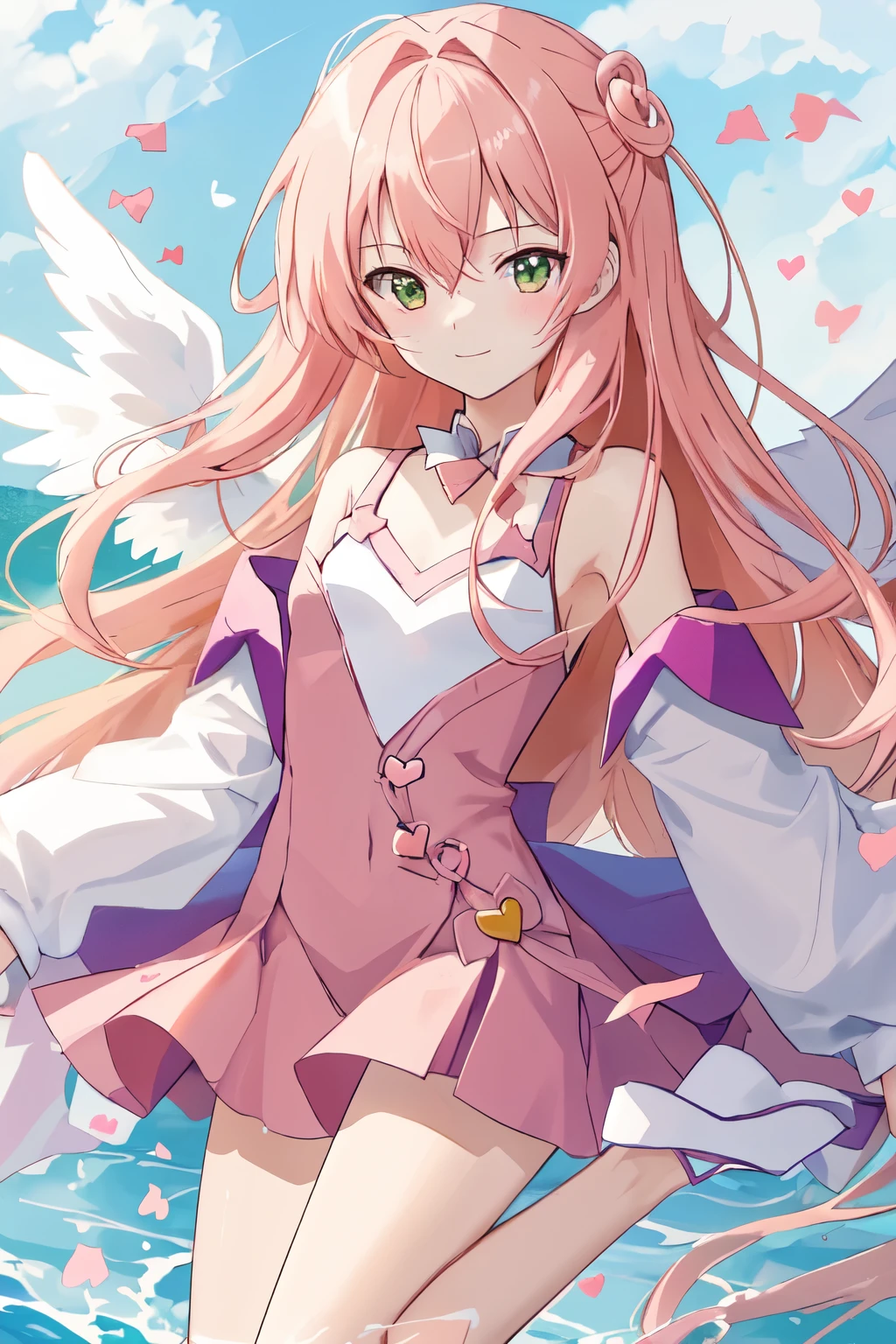 1_girl, (anime, kawai:2), (masterpeice, best_quality, clean:1.5), (sky_background:1.2), (cute, cute_smile, wholesome, young:1.8), (delicate, extremely_delicate, beautiful, thin:1.5), (girlfriend, angel:1.8), (green_eyes, simple_eyes:1.8) (long_hair, blond_hair:1.8), (combat:1.2), (wearing_pink_dress, pink_angel_wings:1.8), (combat:1.2), extremely_delicate, (love_magic:1.5), (age_size_fits_body), (small_thighs:1.3), (breasts), (eye_level:1.3), (heart_magic, love:1.8), (warm:1.8), (folded_legs:1.5)