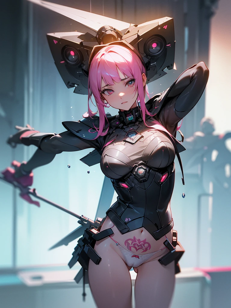 ((Best quality)), ((masterpiece)), (detailed:1.4), 3D, an image of a beautiful cyberpunk female,HDR (High Dynamic Range),Ray Tracing,NVIDIA RTX,Super-Resolution,Unreal 5,Subsurface scattering,PBR Texturing,Post-processing,Anisotropic Filtering,Depth-of-field,Maximum clarity and sharpness,Multi-layered textures,Albeo and Specular maps,Surface shading,Accurate simulation of light-material interaction,Perfect proportions,Octane Render,Two-tone lighting,Wide aperture,Low ISO,White balance,Rule of thirds,8K RAW,wet panties,Take the floral panties,white panties,can saw a trace on my underwear vagina,Pink floral panties, panties is very wet,The panties are so sheer you can see the pussy,(idle),Spread legs,tattoo between legs,((The pussy is shiny)),Both hands were tied,mons pubis,The labia majora are very large,underwear was soaked with water.