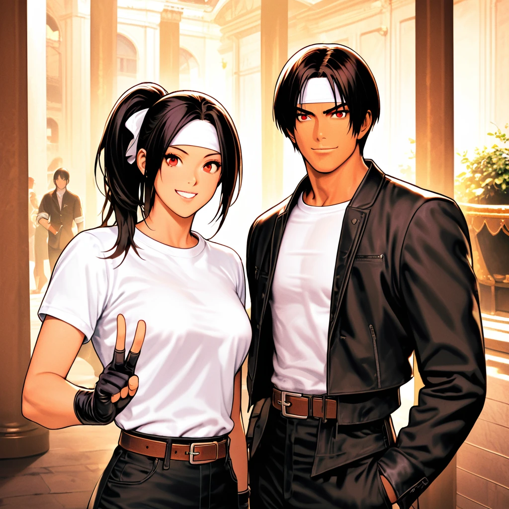 Orochikyo, Dark Skin, Two people, ツーshot, Red eyes, Black jacket(Rolling up his sleeves), Fingerless gloves, Black Hair, White T-shirt, ((White headband)), Black trousers, White shoes, Brown belt, good looking, shot, Charming, masterpiece, High resolution, Detailed face, Fine Grain, morning, A confident smile,A man and a woman laughing with the Palais Royal in the background, Men and women with the same hairstyle and clothes, Making a peace sign。