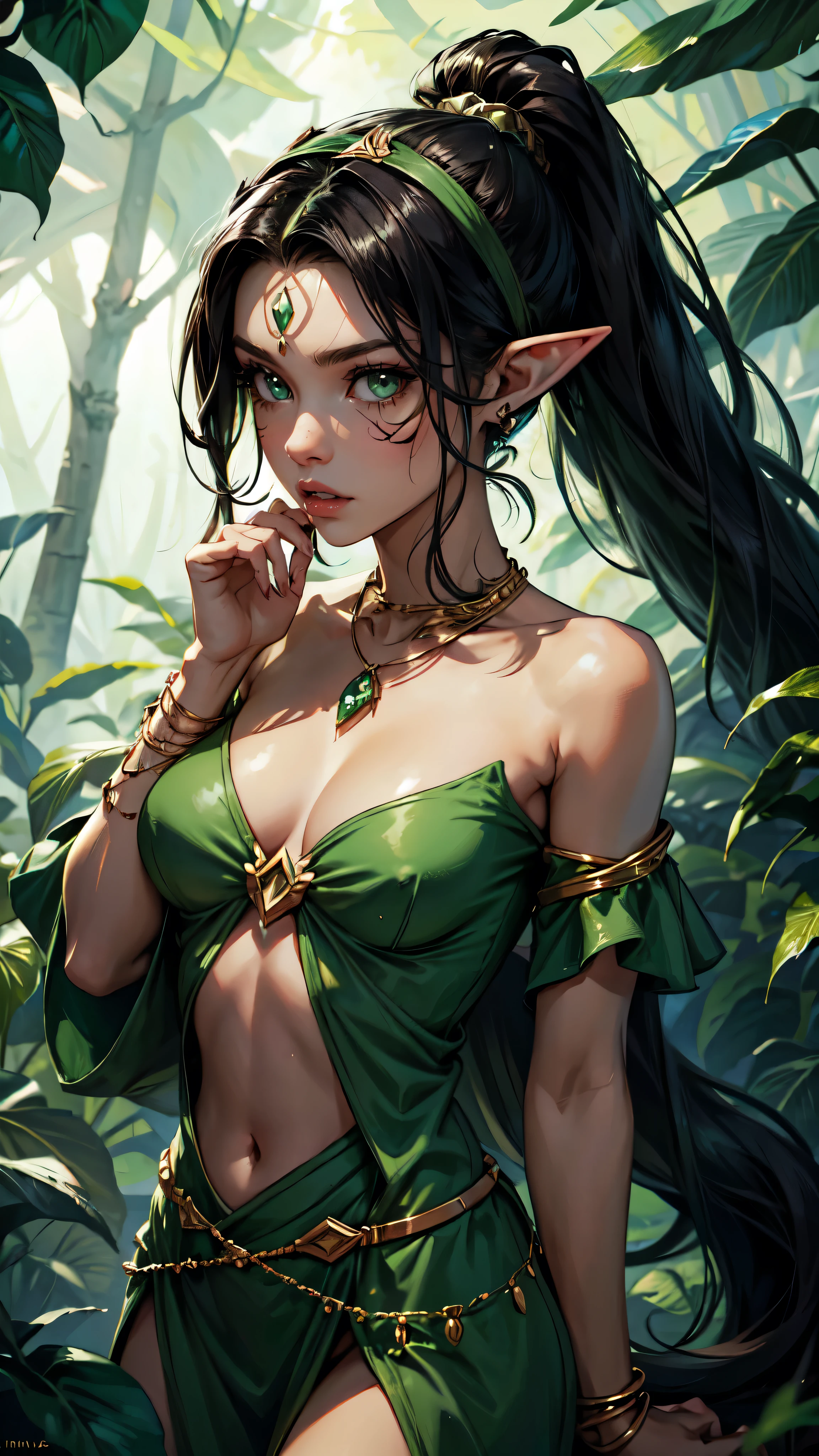 jungle, nidalee, league of legends, absurdres, highres, 1girl, bare shoulders, black hair, facial mark, green gem in forehead, green eyes, jewelry, long hair, necklace, ponytail, solo, tooth necklace, very long hair, hairband, masterpiece, best quality, portrait, beautiful face, dark skin, face close-up,tailed face, detailed eyes, detailed hands,elf girl, full body