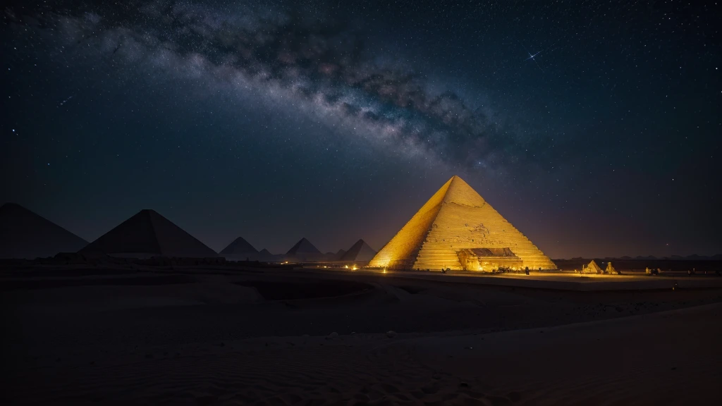 An Egyptian pyramid under a starry night sky, with alien hieroglyphs inscribed on the walls. An extraterrestrial being, looking like an Egyptian god, observe the construction of the pyramid, Using advanced technology. mysterious atmosphere, swirly vibrant colors, sci-fi styled