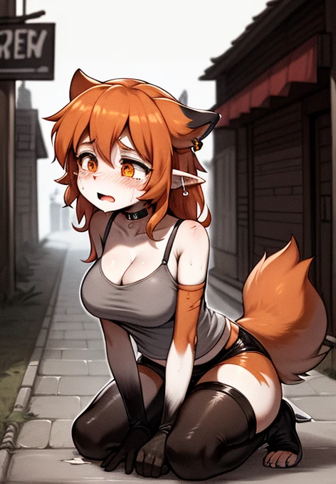 Abandonada em uma rua voluposa Tristes chorando pantyrose bra sozinha pobre Milf abandonad na rua sozinha triste caída no chão, langerie ,bra , pantyrose,kneeling ,patas(velues的), (brown fur),Long Earings,brown ears, orange eyes, medium hair, medium breasts, dark brown elements on leather, bright t-shirt, super fine hair, Fluffy tail,black andwhite,scared,desperate,covered in scars,Injured,dark environment,dark environment no chão,under,tears,tying,bleeding,velues,ask for help,