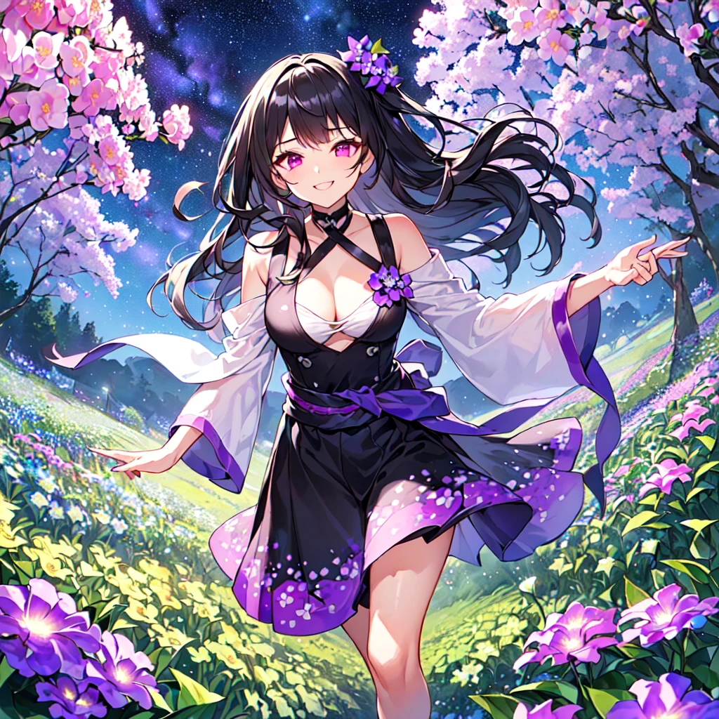 masterpiece, best quality, high quality, extremely detailed, very delicate and beautiful, (1 female 18 years old alone solo:1.5), (long black hair up to waist with two side up:1.5), bangs to eyebrows, eyes (eyes sharp and strong, glossy glossy eyes, eyebrows glossy, (eye color magenta:1.3), 6.5 head height, (pentas flower print fashion:1.3), (smiling), (running:1.3), (dynamic pose), (background pentas flower field:1.3) , (Milky Way Night Sky:1.3)