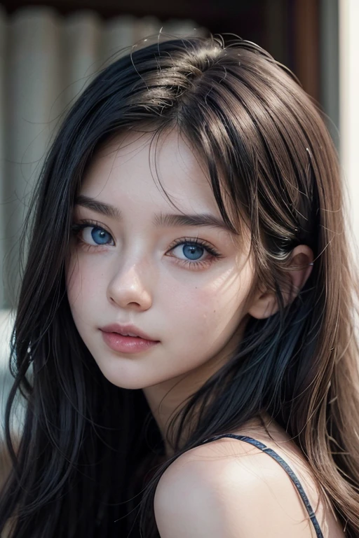 "Create an image of a young woman, between 20 and 25 years old, with medium-length, wavy hair, colored in intense blue. She should have blue eyes and silky-smooth skin, with a mole on the left side above her lips. The woman must be thin and beautiful, with a beautiful smile. Your expression should be provocative, but at the same time show a certain shyness.
