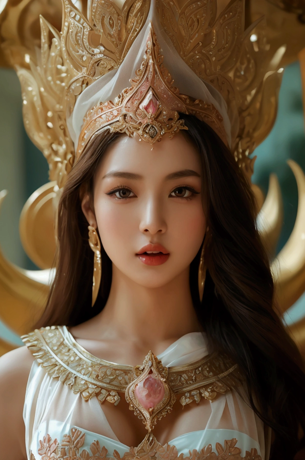Create an image of a beautiful woman wearing a sexy Thai princess outfit., The see-through fabric is so thin that the wearer&#39;s nipples and skin can be seen., She can spread her legs wide to show off her genitals., She has a slim face., sharp eyes, long hair, responsive face, high nose, and thin lips, Her breasts measure 32 inches with pink nipples., Her waist is 24 inches., Her hips are 33 inches., Her skin was bright and white., She has light brown hair., And her figure was slim and slightly muscular..