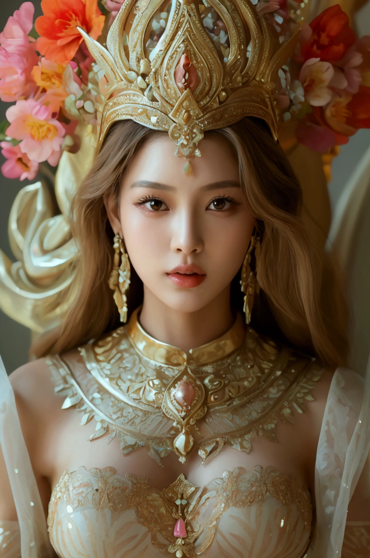 Create an image of a beautiful woman wearing a sexy Thai princess outfit., The see-through fabric is so thin that the wearer's nipples and skin can be seen., She can spread her legs wide to show off her genitals., She has a slim face., sharp eyes, long hair, responsive face, high nose, and thin lips, Her breasts measure 32 inches with pink nipples., Her waist is 24 inches., Her hips are 33 inches., Her skin was bright and white., She has light brown hair., And her figure was slim and slightly muscular..
