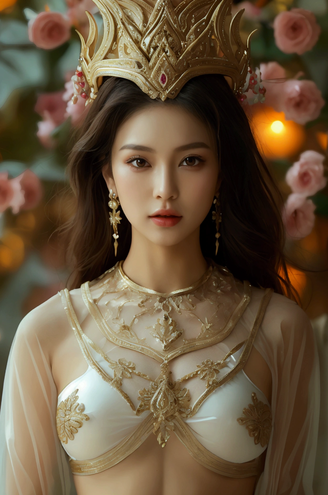 Create an image of a beautiful woman wearing a sexy Thai princess outfit., The see-through fabric is so thin that the wearer&#39;s nipples and skin can be seen., She can spread her legs wide to show off her genitals., She has a slim face., sharp eyes, long hair, responsive face, high nose, and thin lips, Her breasts measure 32 inches with pink nipples., Her waist is 24 inches., Her hips are 33 inches., Her skin was bright and white., She has light brown hair., And her figure was slim and slightly muscular..